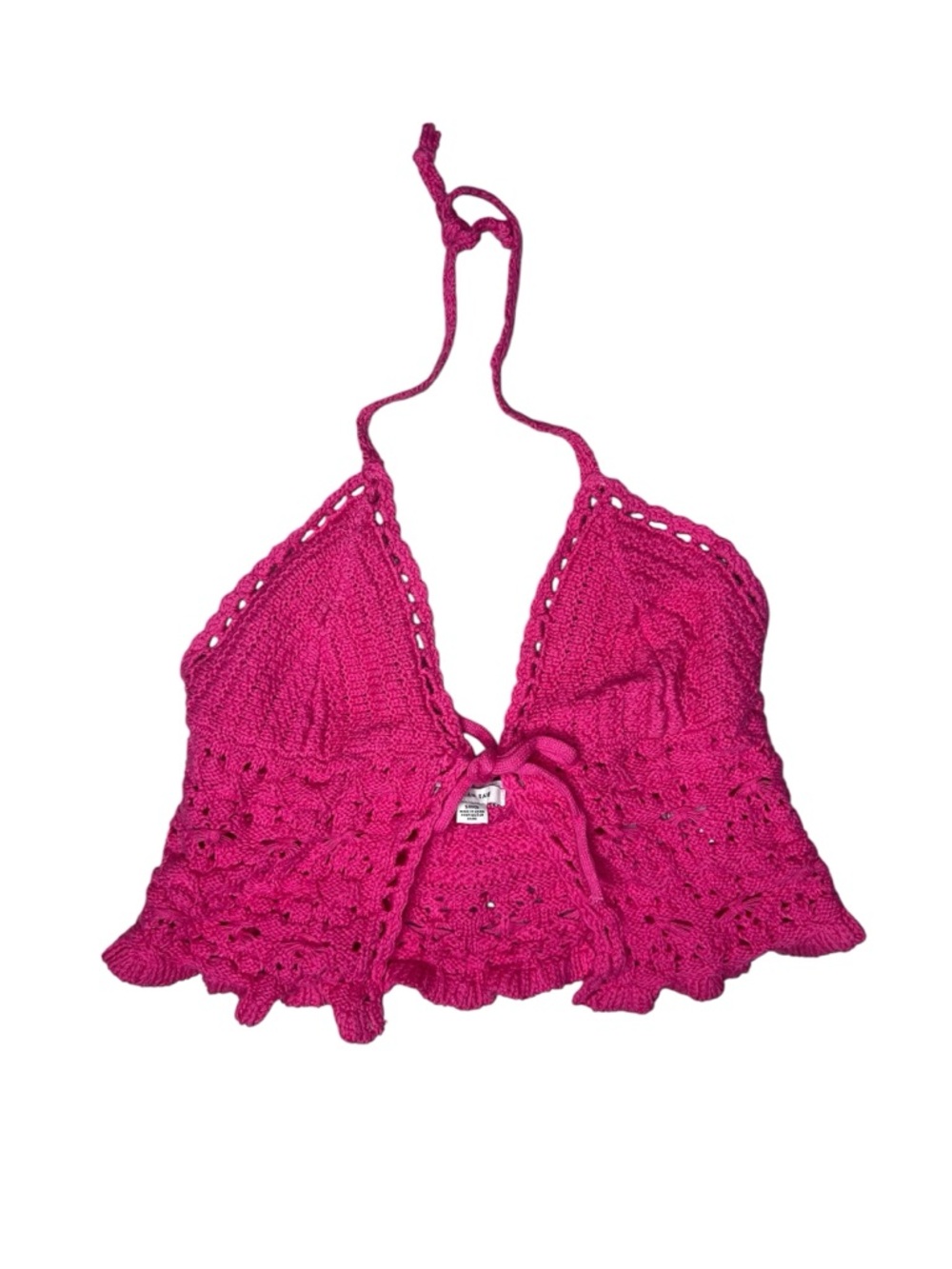 American Eagle Pink Crochet Halter Top Boho Festival Tie Front Knit S